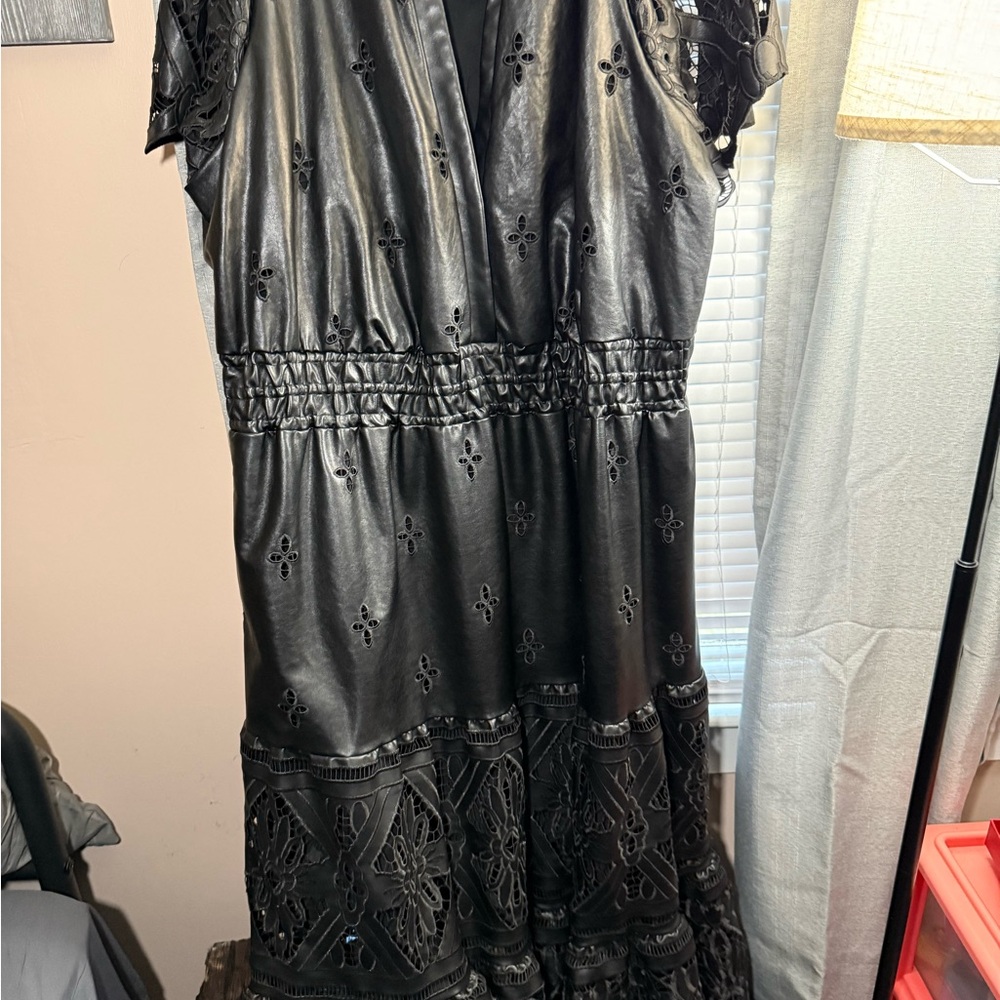 Anthropologie Black Maxi Dress with Lace Details—Faux Leather